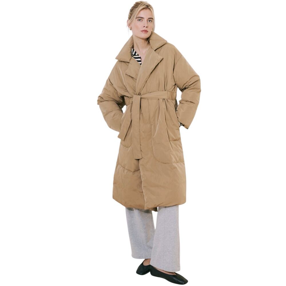 ELLIATT Women’s Ariana Tan Belted Quilted Puffer Trench Coat Jacket